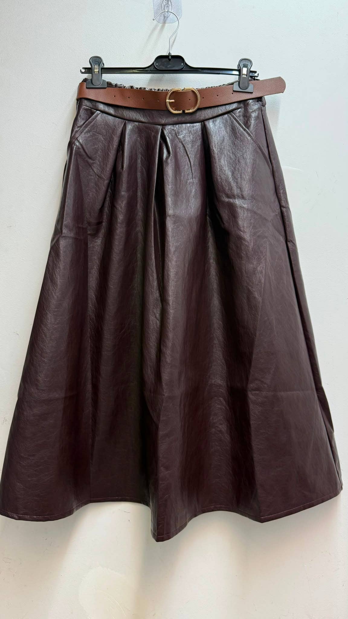 20276 Flared pleated leather-effect midi skirt