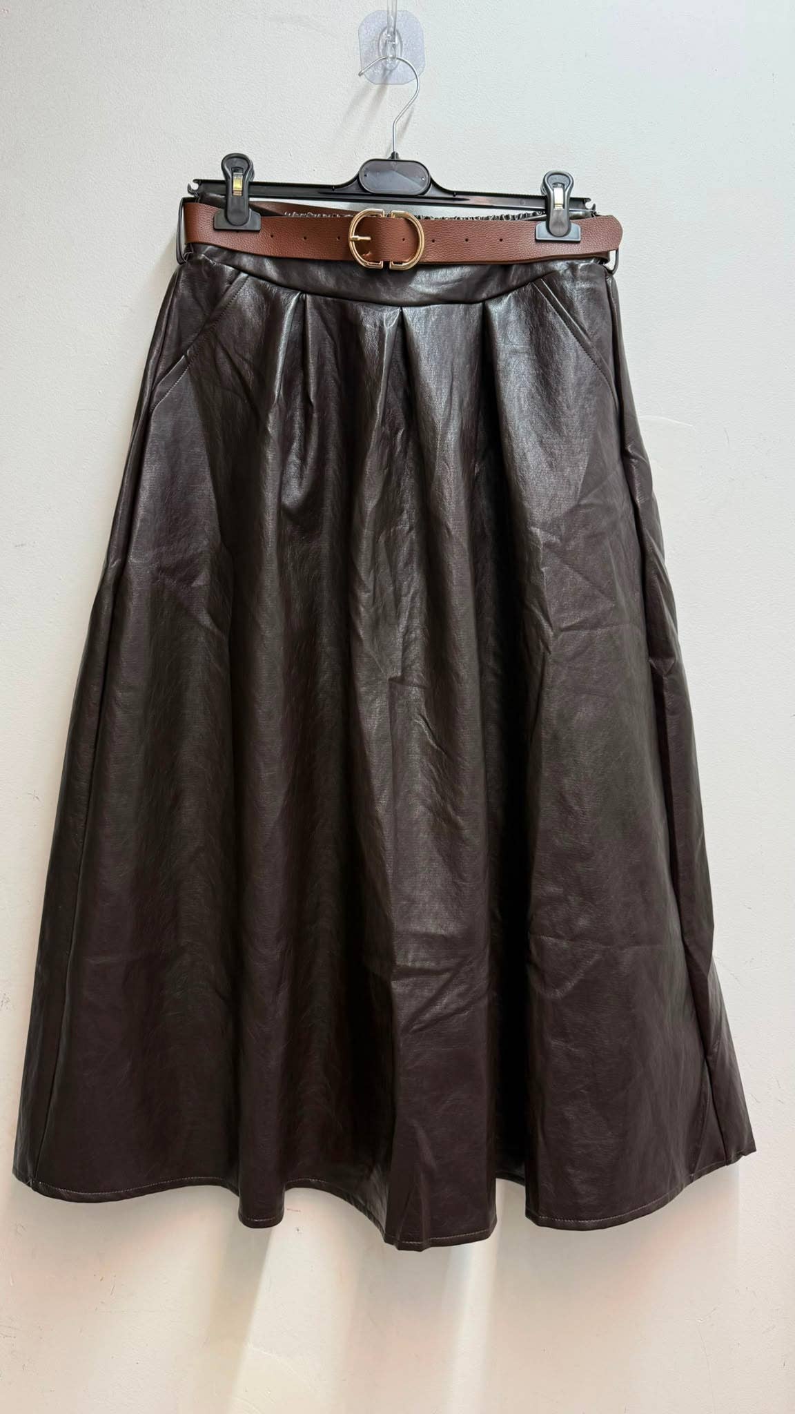 20276 Flared pleated leather-effect midi skirt