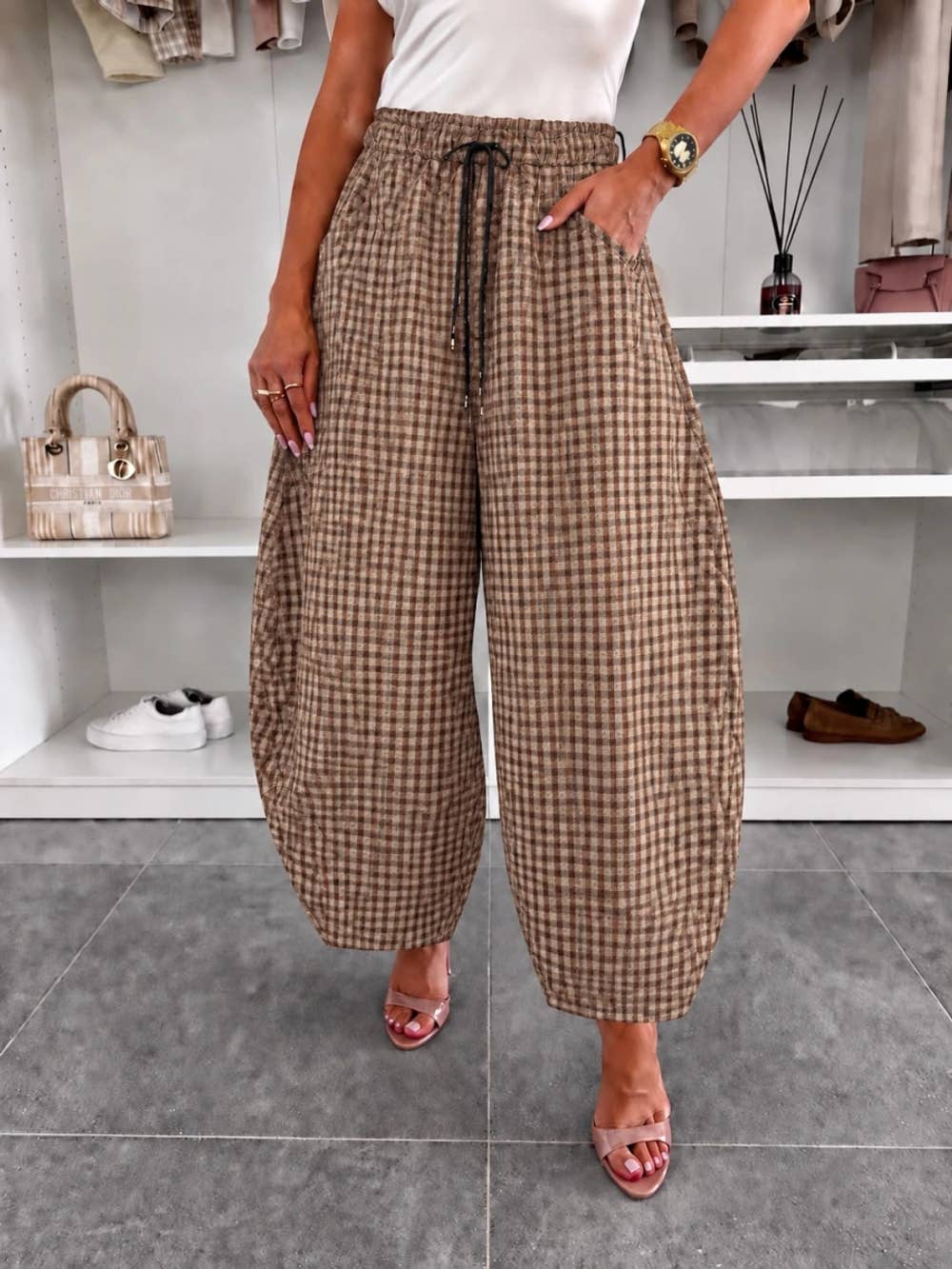 Printed faux-suede balloon pants with elasticated waist