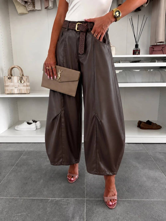 Balloon-cut faux leather belted pants with pockets