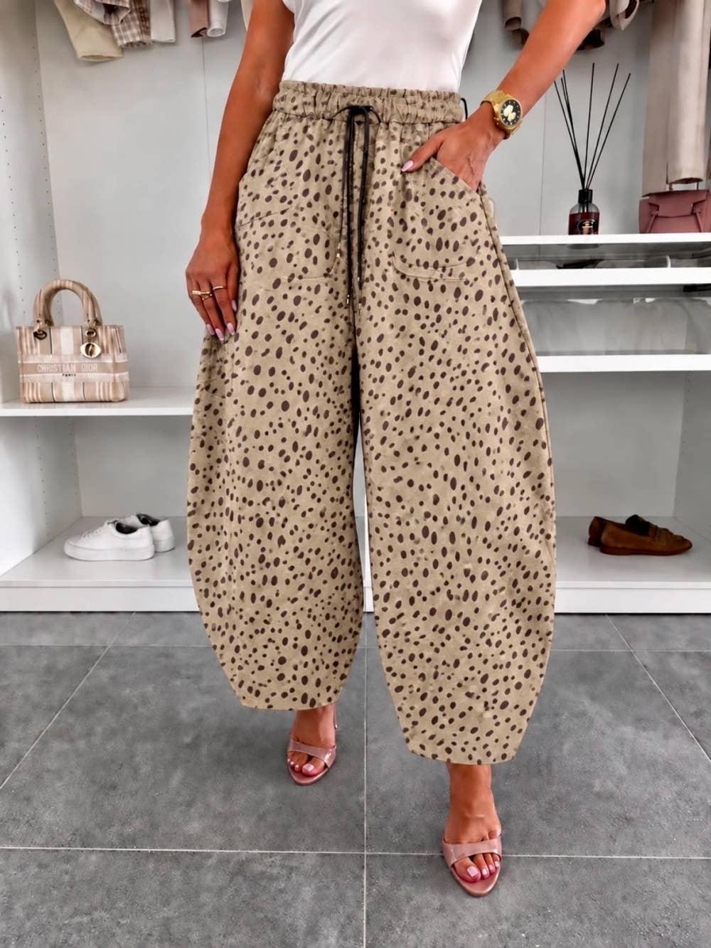 Balloon pants in faux suede with doe print and elasticated waistband [REFRESH_mu1e0rns]
