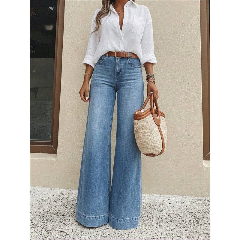 Retro Washed Wide Leg Jeans For Women