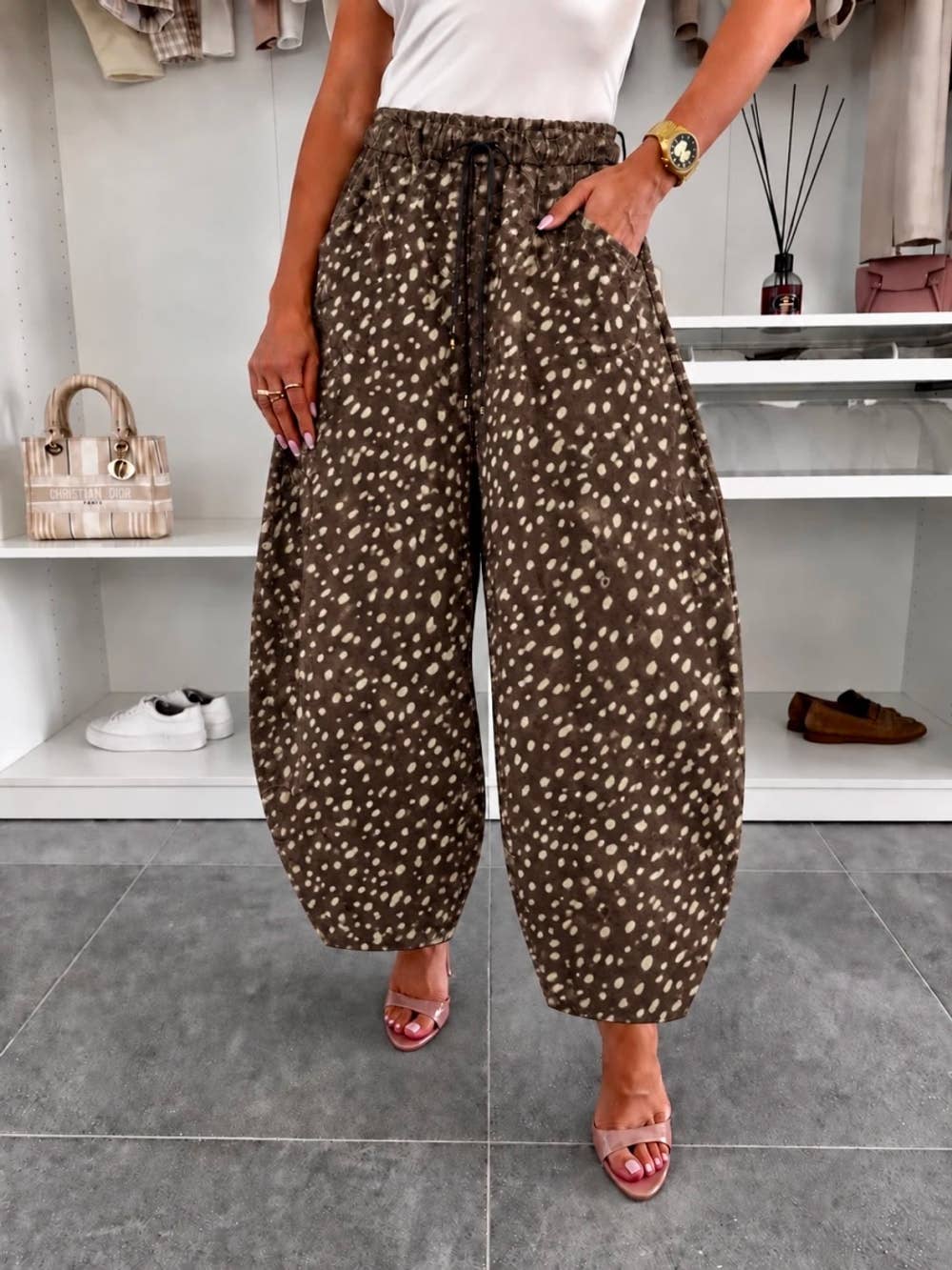 Balloon pants in faux suede with doe print and elasticated waistband [REFRESH_mu1e0rns]