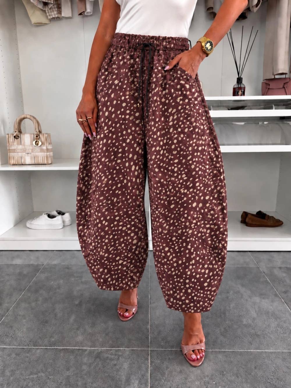 Balloon pants in faux suede with doe print and elasticated waistband [REFRESH_mu1e0rns]