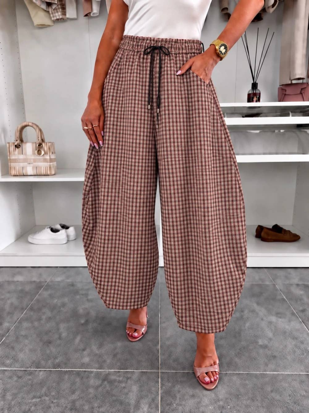 Printed faux-suede balloon pants with elasticated waist