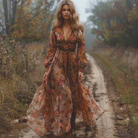 V-Neck Digital Print Long Sleeve Dress