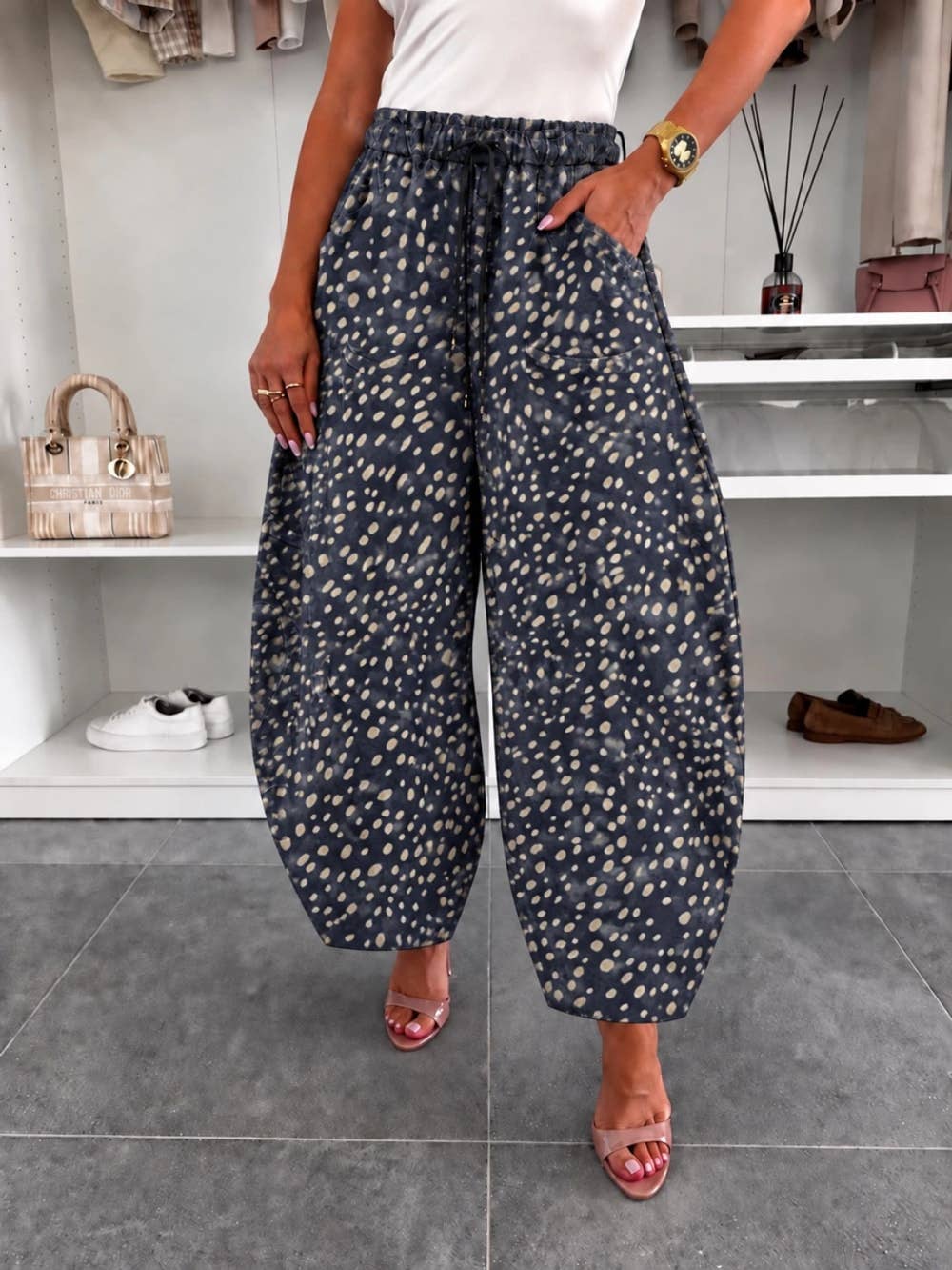 Balloon pants in faux suede with doe print and elasticated waistband [REFRESH_mu1e0rns]