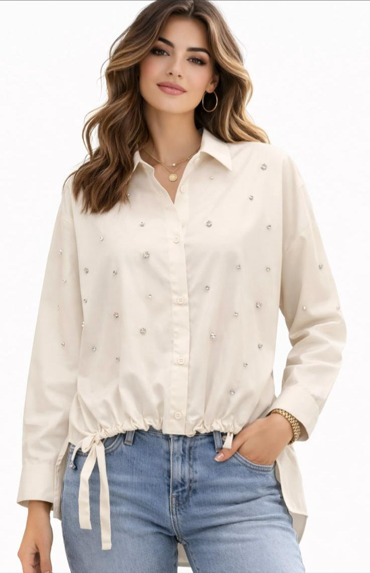 Drawstring Hem shirt with crystal studs